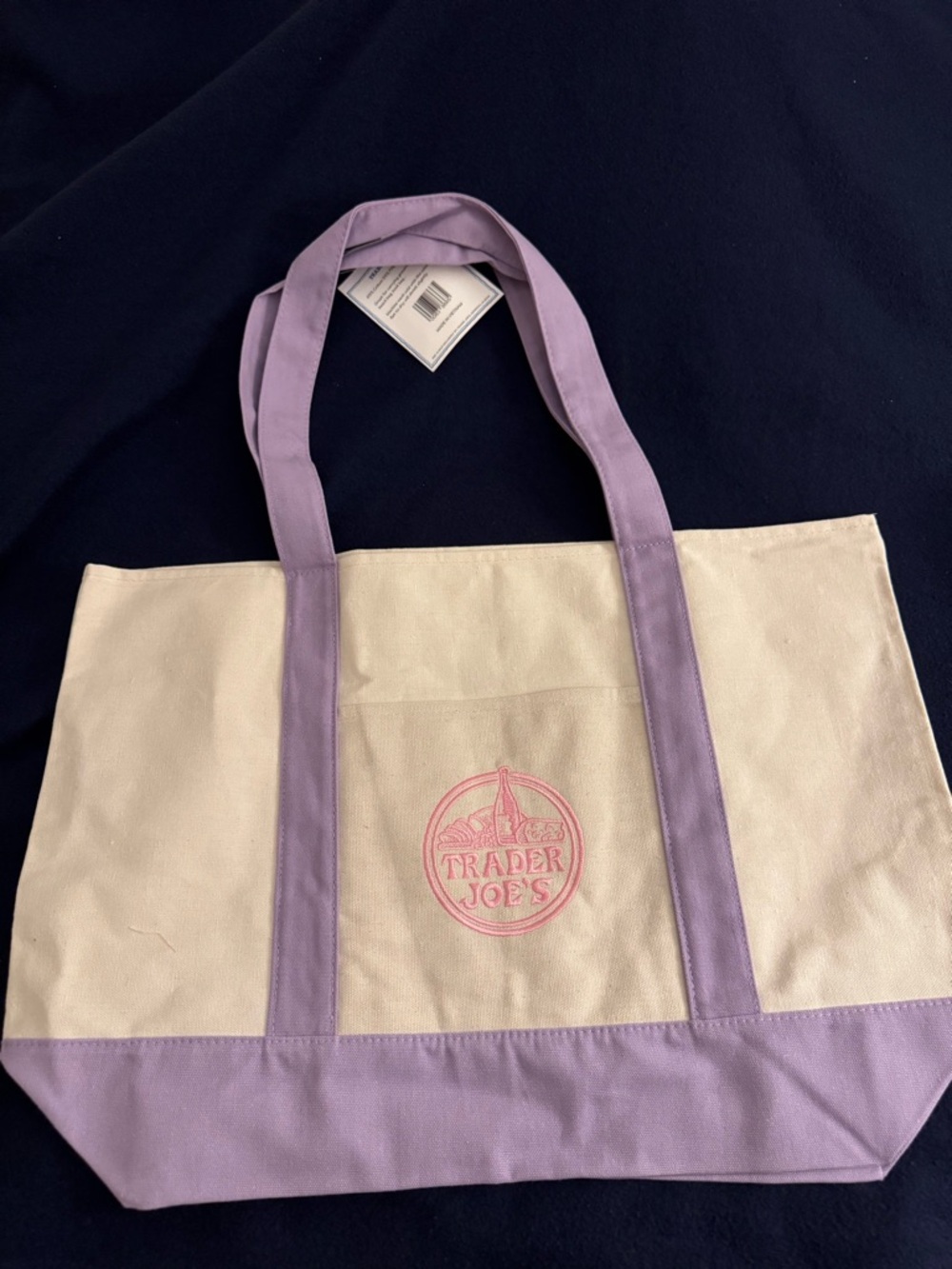 Trader Joe's Large Cream and Lavender Canvas Tote NEW